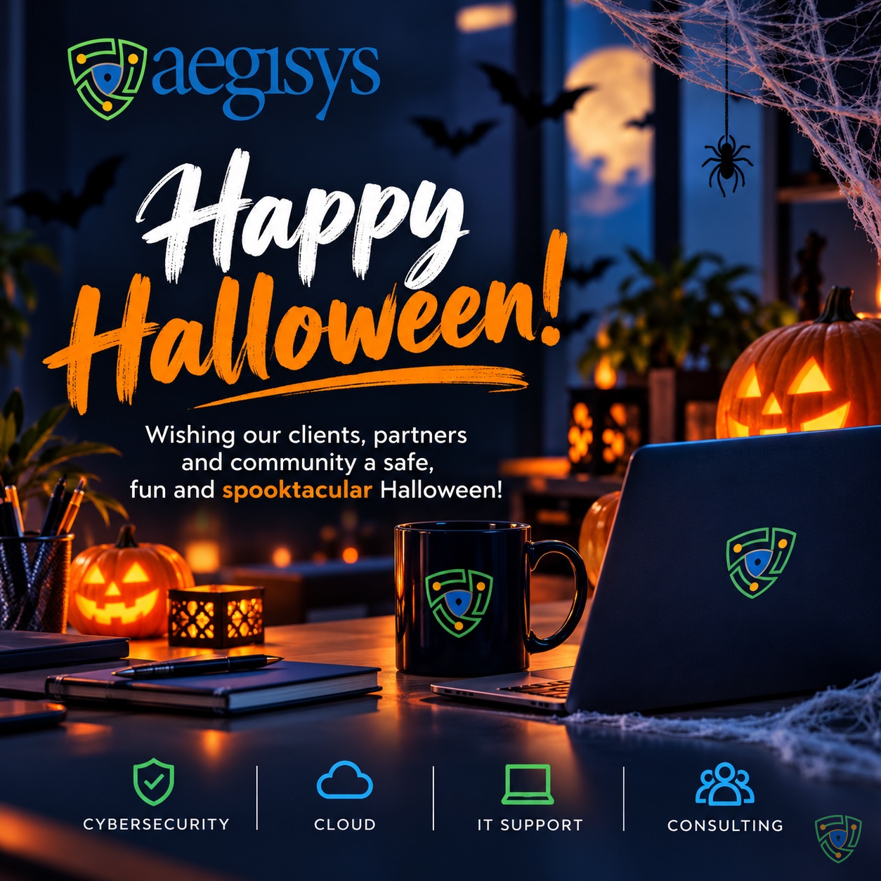 A Halloween scene on a dark navy desk: glowing jack-o'-lanterns, a black Aegisys mug and laptop with the green and blue shield logo, a lantern, bats and spider web against a full moon.